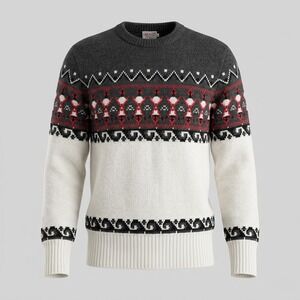 Brent Mens Medium White Sweater Crewneck Fair Isle Orlon Acrylic Knit Vintage